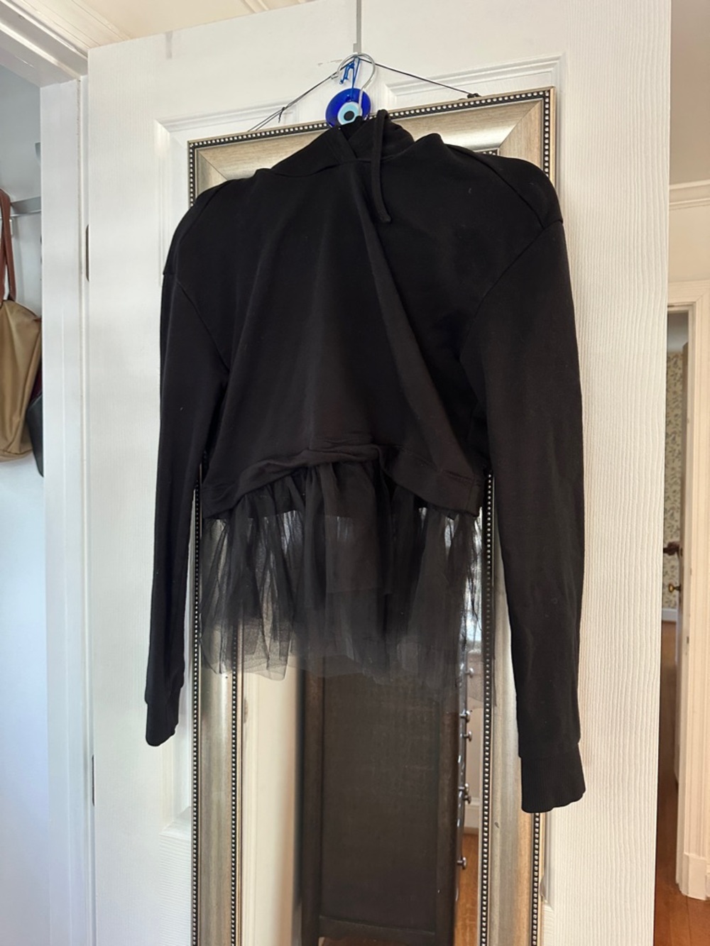 Pilcro Black Cropped Hoodie Sweater with Tulle Hem